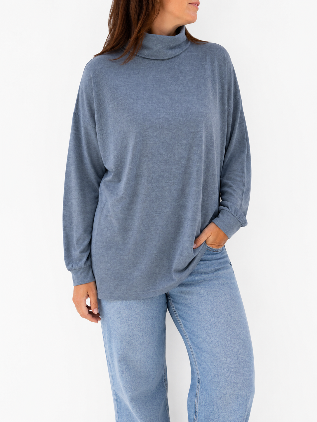 Grå/blå bluse med rullekrave - str- XL