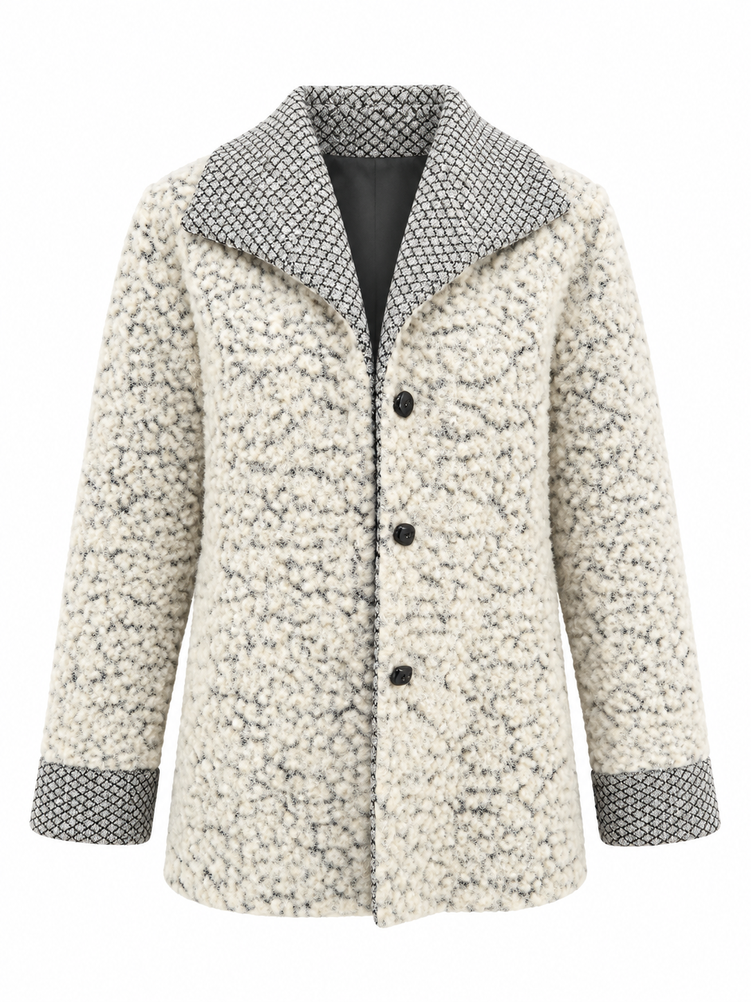 Flot teddy/cardigan med fine kontrastdetaljer – str. 36